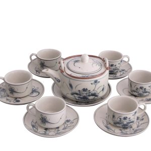 Bộ trà 3 chân vẽ sen men rạn quai đồng