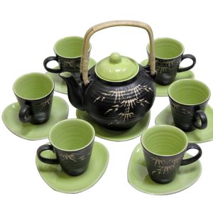 Bộ trà cốc nhọn, ấm quả Lê ngoài men đen khắc tre trong men xanh cốm (1 bình trà + 6 tách + 7 đĩa lót)
