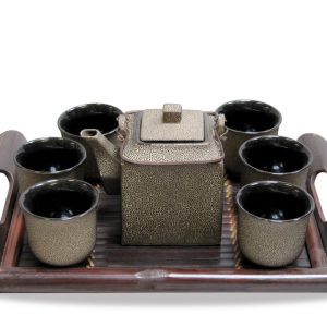 Bộ trà vuông nhỏ quai đồng men co đen trong lòng men đen bóng